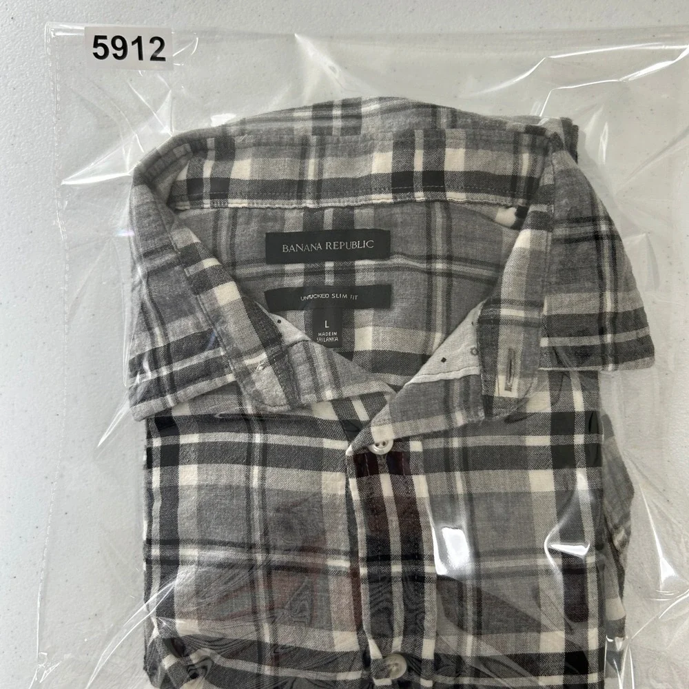 Banana Republic Mens Large Grey Black Plaid Untucked Slim Fit Button Down Shirt