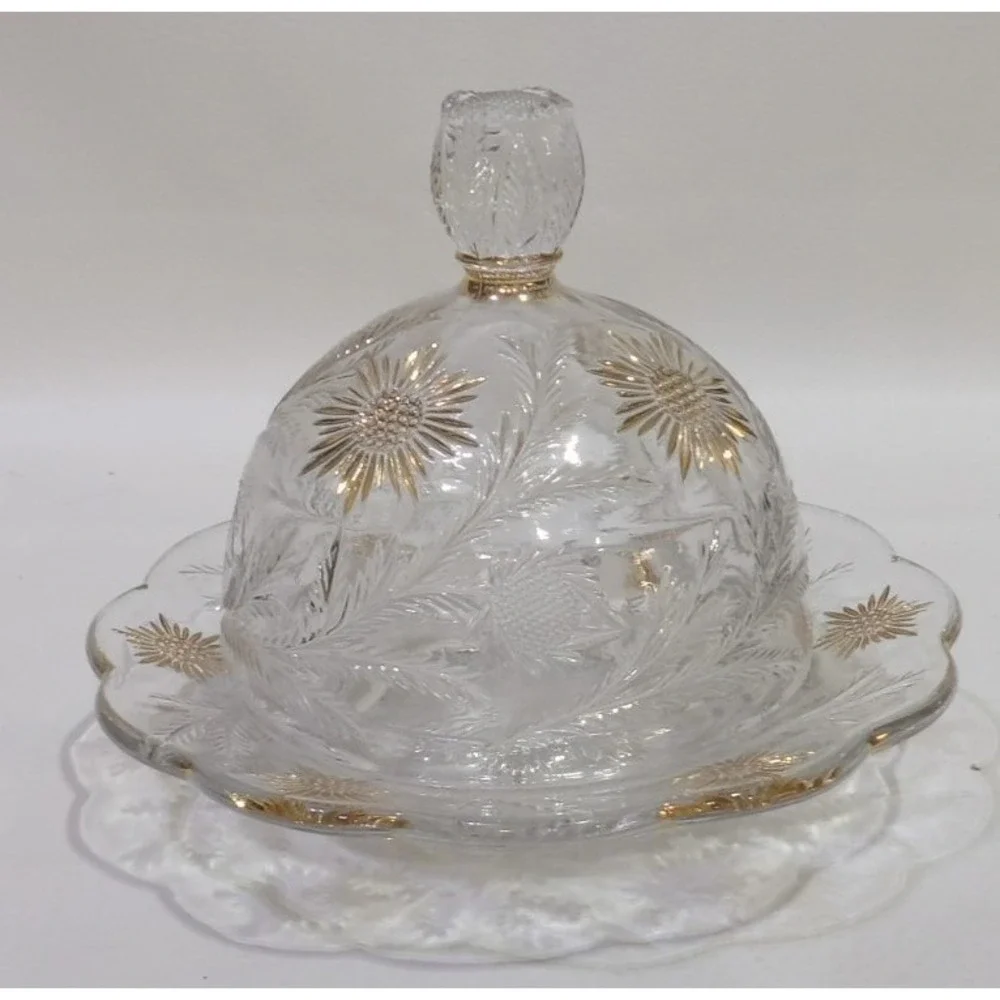 Vintage EAPG Glass Thistle Flowers with Gold Gild Domed Butter Cheese Dish