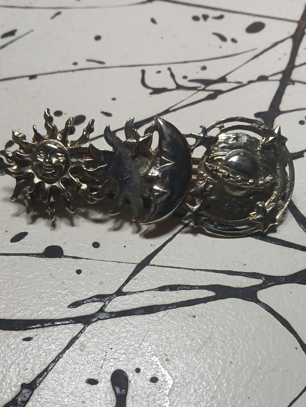 Celestial Sun Moon Planet Silver Tone Hair Clip