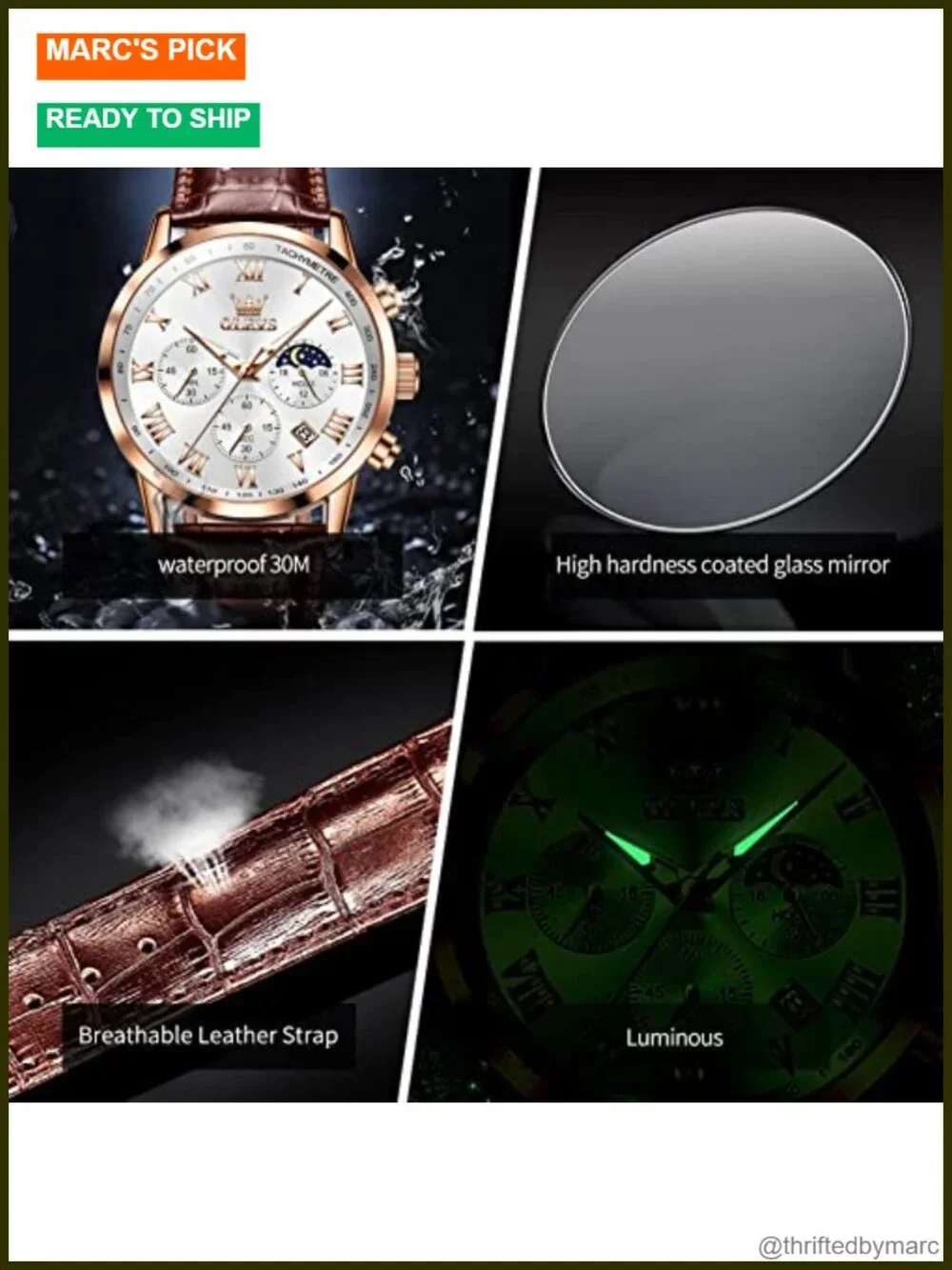 Mens Chronograph Leather Analog Quartz Wrist Watch Luminous Moon Phase Date