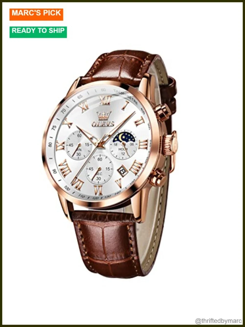 Mens Chronograph Leather Analog Quartz Wrist Watch Luminous Moon Phase Date