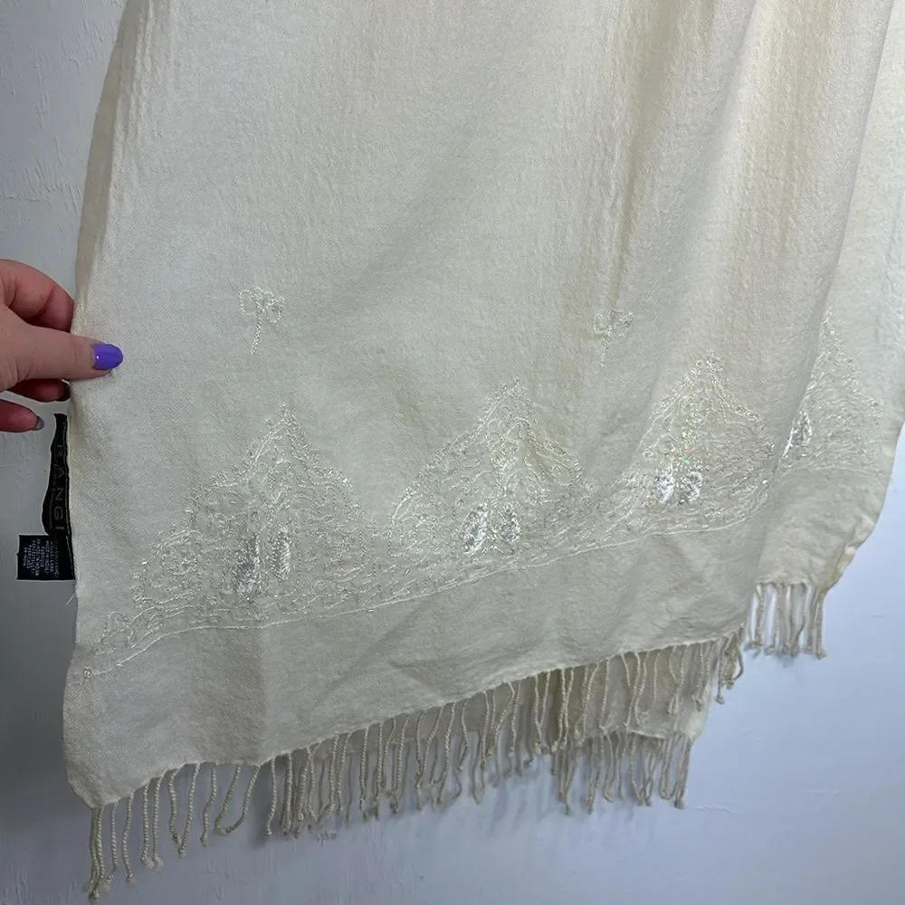 Frangi Tie Rack Wool Cream Color Christmas Tree Embroidered Beaded Scarf