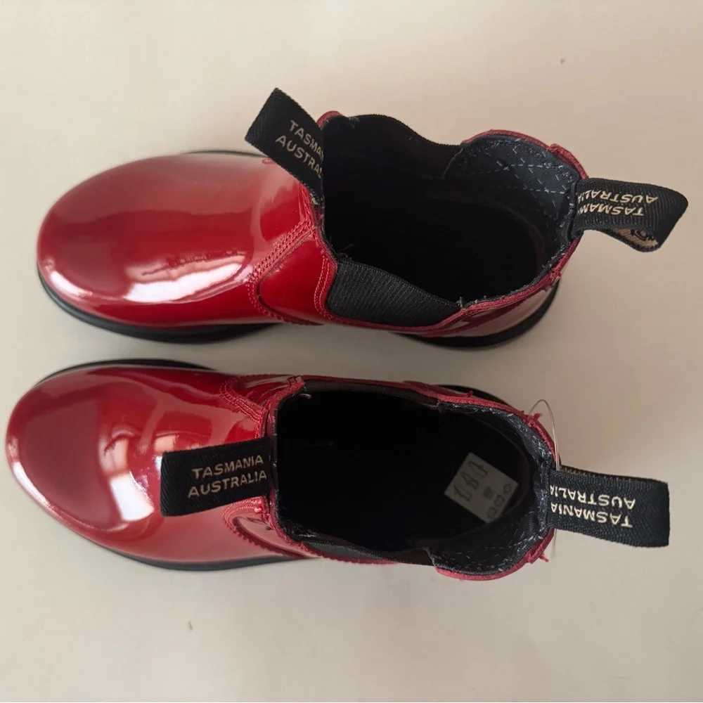 Blundstone Red Low-Heel Chelsea  shiny red patent leather boot. 2253. 3, 4