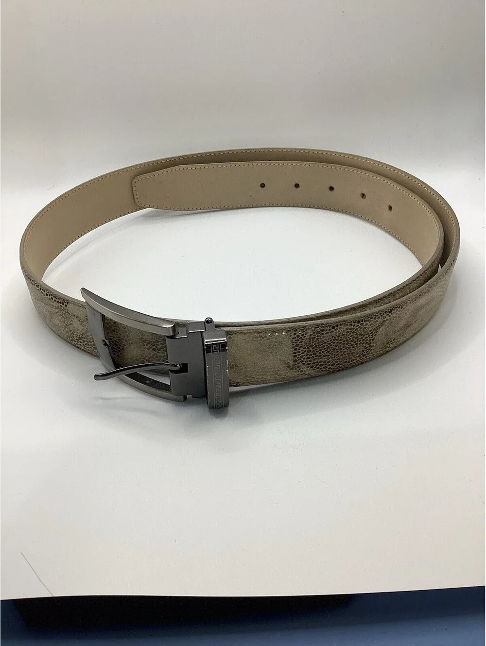 Italian Select Genuine Leather Belt Greek Key Buckle Made In Italy Back Silver