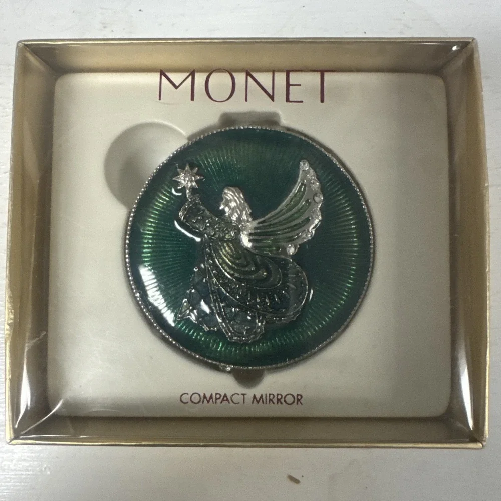 MONET Green‎ Angel Compact Collectible Keepsake Hinged Double Mirror Crystals