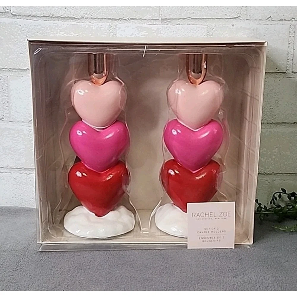 Rachel Zoe Set of 2 Stacked‎ Hearts Pink Red Candle Holders Valentines 8.5