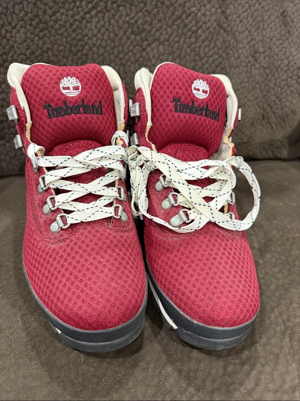 Timberland Mens Burgundy Mesh Hiking Boots with Cream Laces
