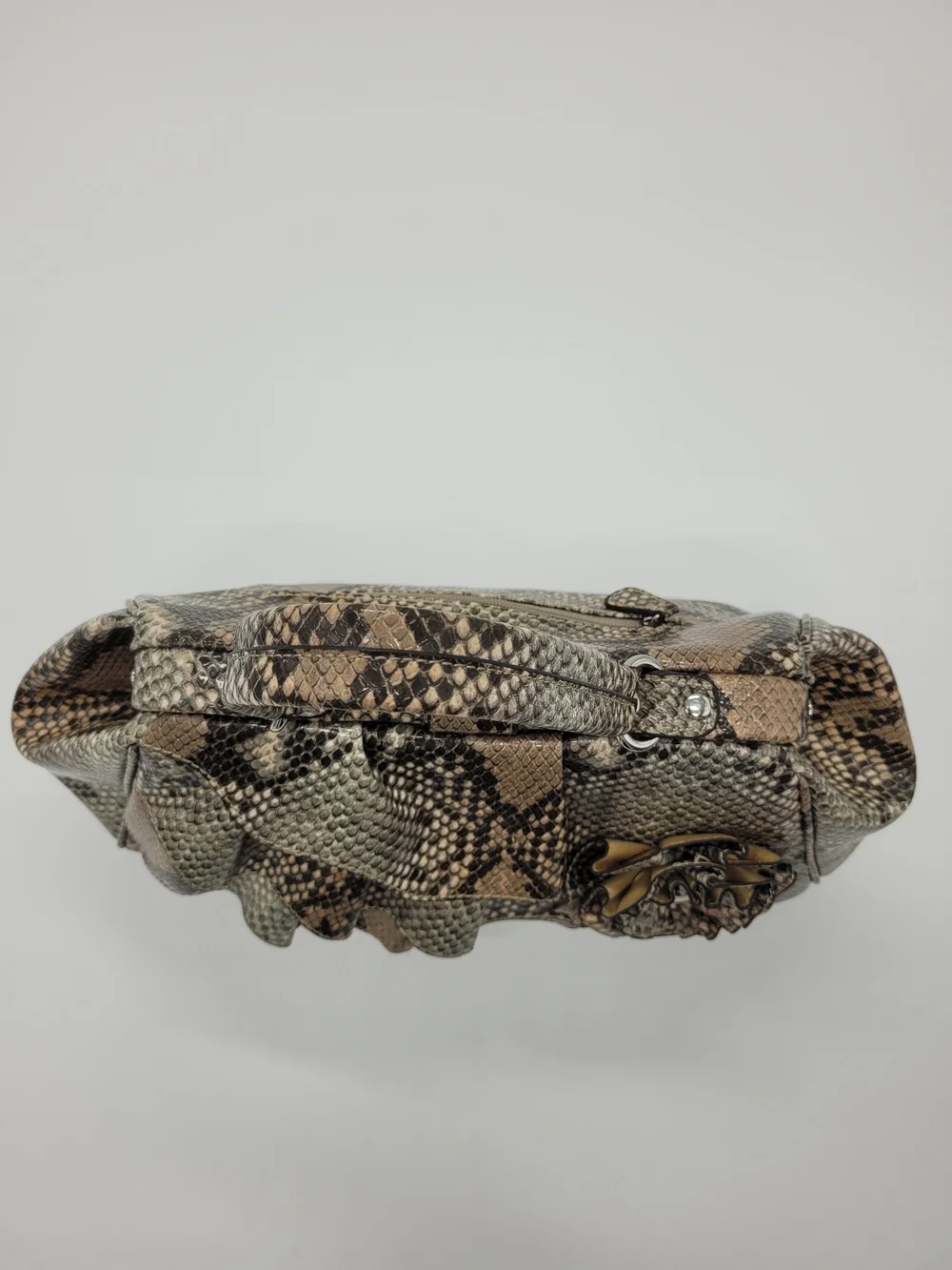 Nicole Miller Faux Snakeskin Top Handle Bag Ruffle Beige Black Python Y2K Purse