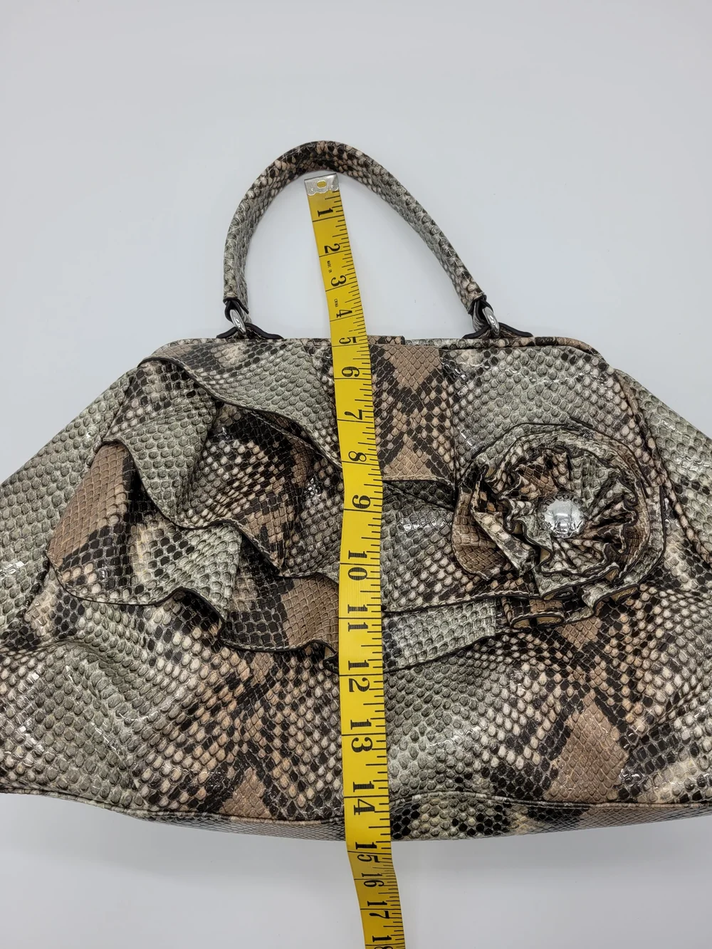 Nicole Miller Faux Snakeskin Top Handle Bag Ruffle Beige Black Python Y2K Purse
