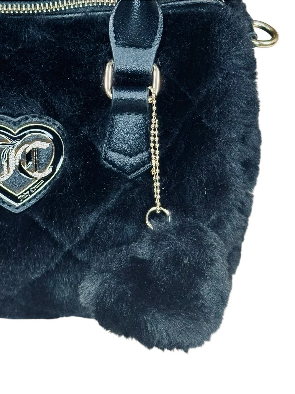 Juicy Couture Let's Get Cozy Black Faux Fur Satchel Purse Heart Logo No Flaws