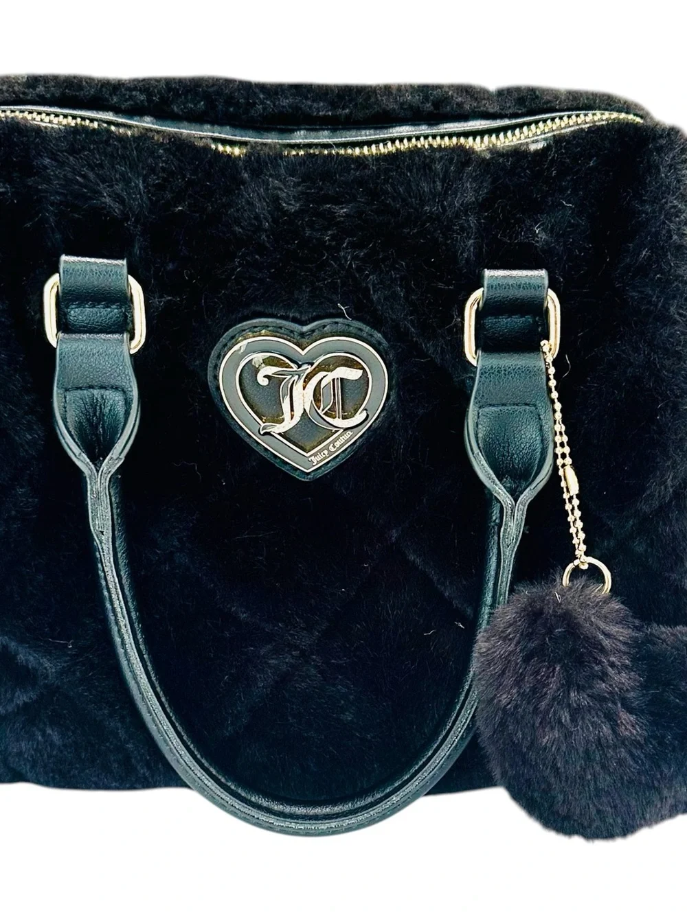 Juicy Couture Let's Get Cozy Black Faux Fur Satchel Purse Heart Logo No Flaws