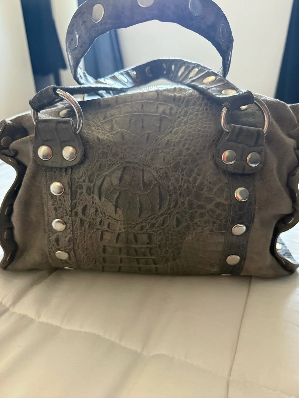 Hammitt Westwood Satchel in grey croc leather and suede