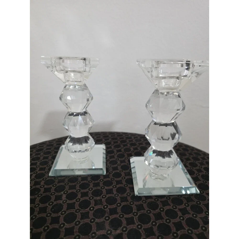 Art Deco CRYSTAL Set of 2  Gemstone Cut PRISM Pillar Candlestick Holder Pair