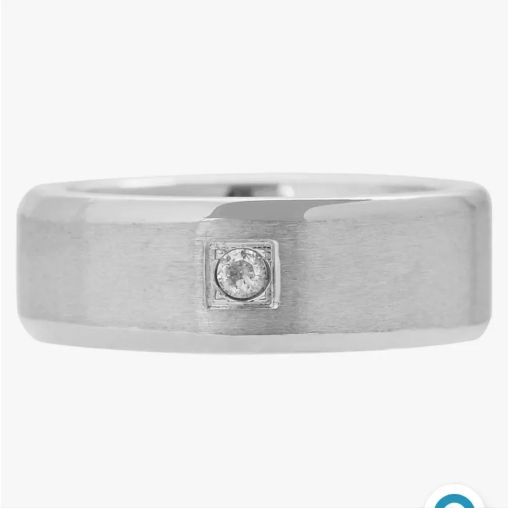 Geoffrey Beene Stainless Steel Beveled Polished Edge CZ Comfort Fit Ring