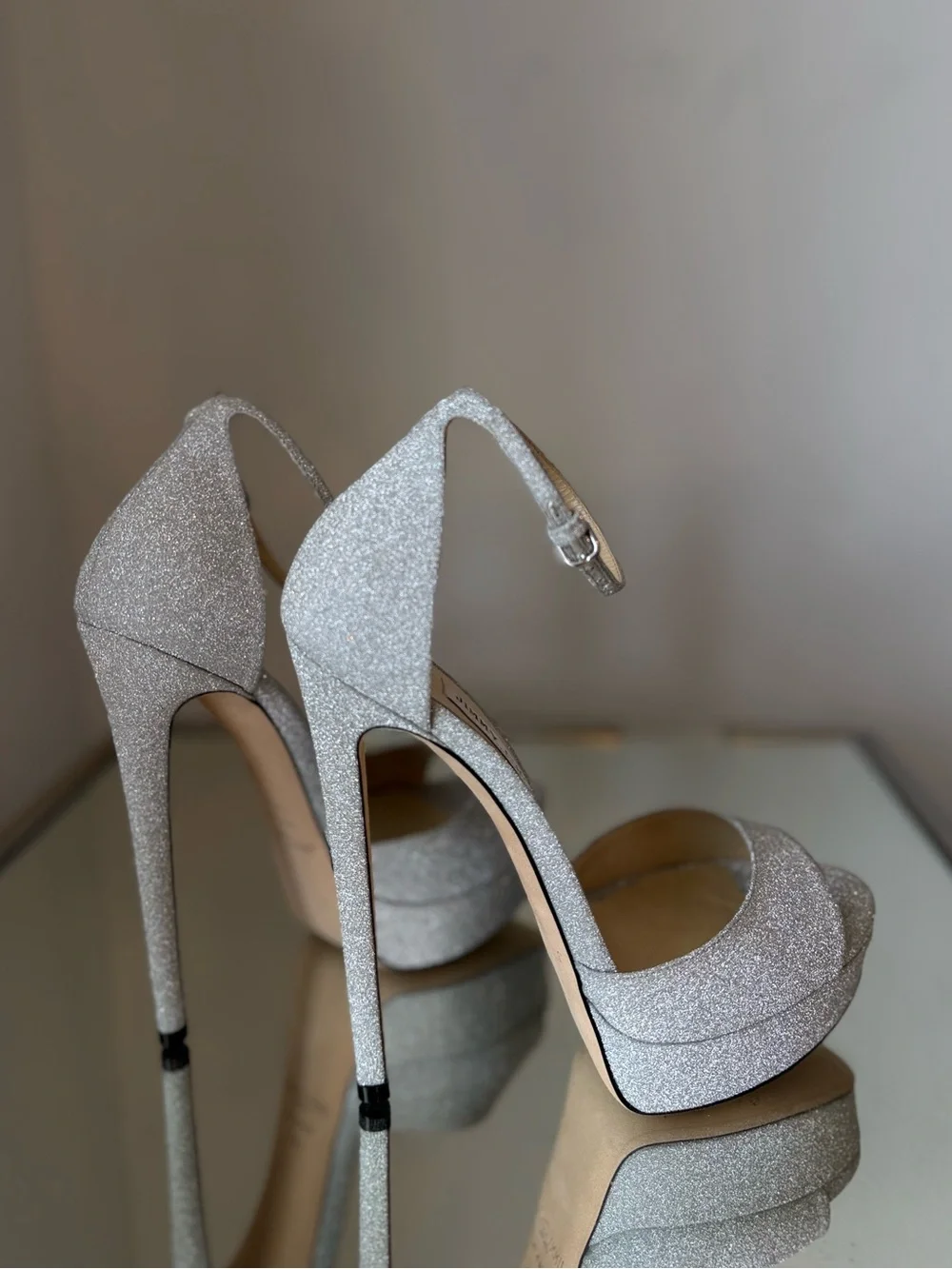 Jimmy Choo Max 150 Metallic Silver Glitter Fabric Platform Stiletto Sandals 39.5