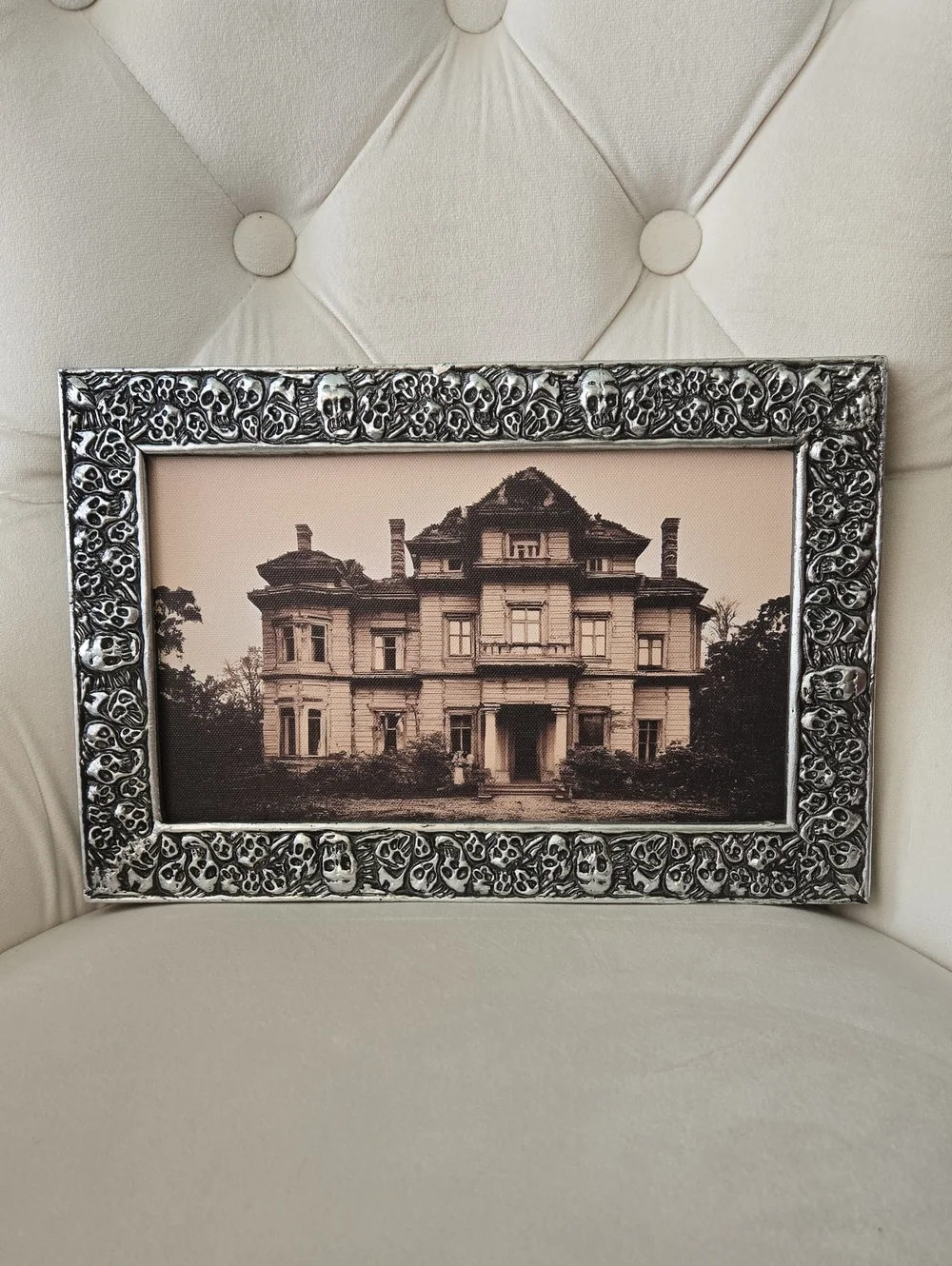 Joann Fabric Haunted House Halloween Silver Skull Embossed Picture Frame, NWOT