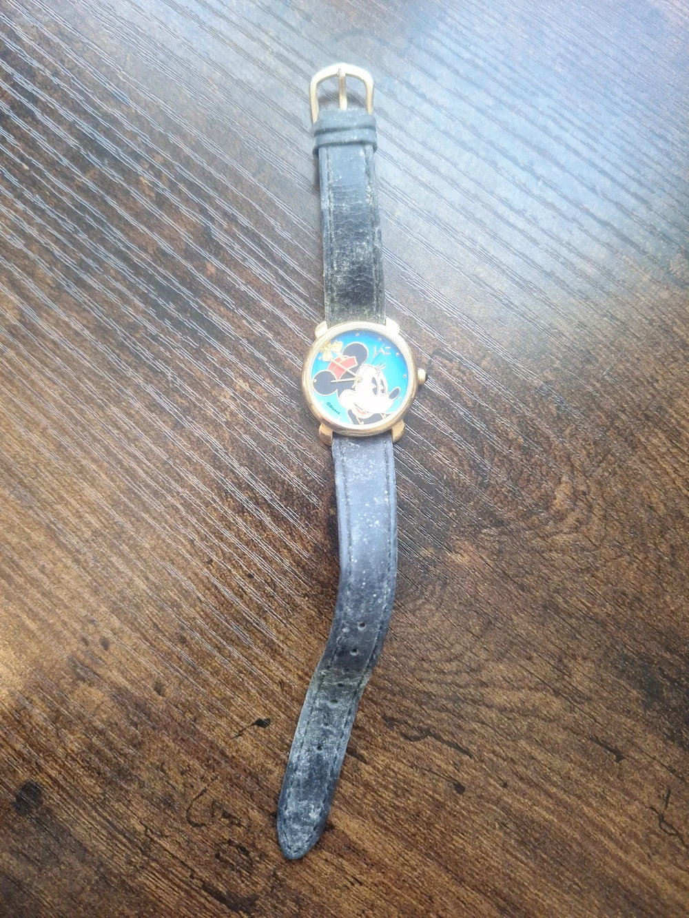 Vintage Mickey Mouse Gold-Tone Case Watch with Black Strap and Blue Dial