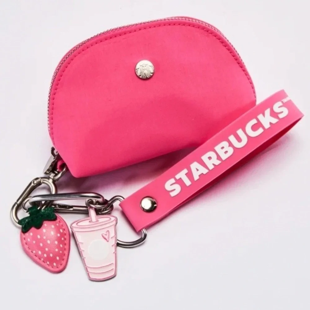 Starbucks Pouch Wristlet Keychain Womens OS Pink Strawberry Drink Charms NWT