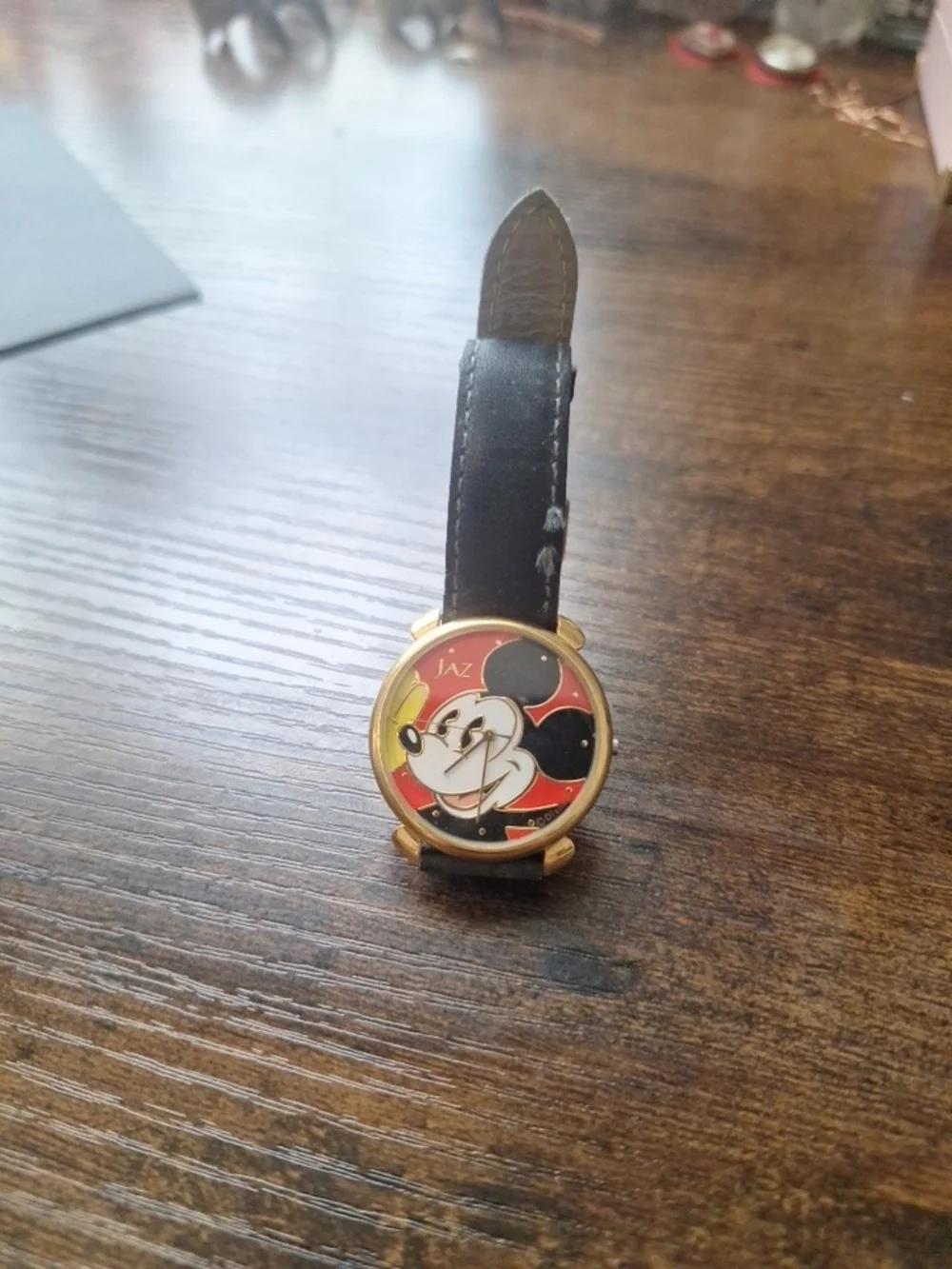 Vintage Jaz Mickey Mouse Gold-Tone Watch with Black Strap