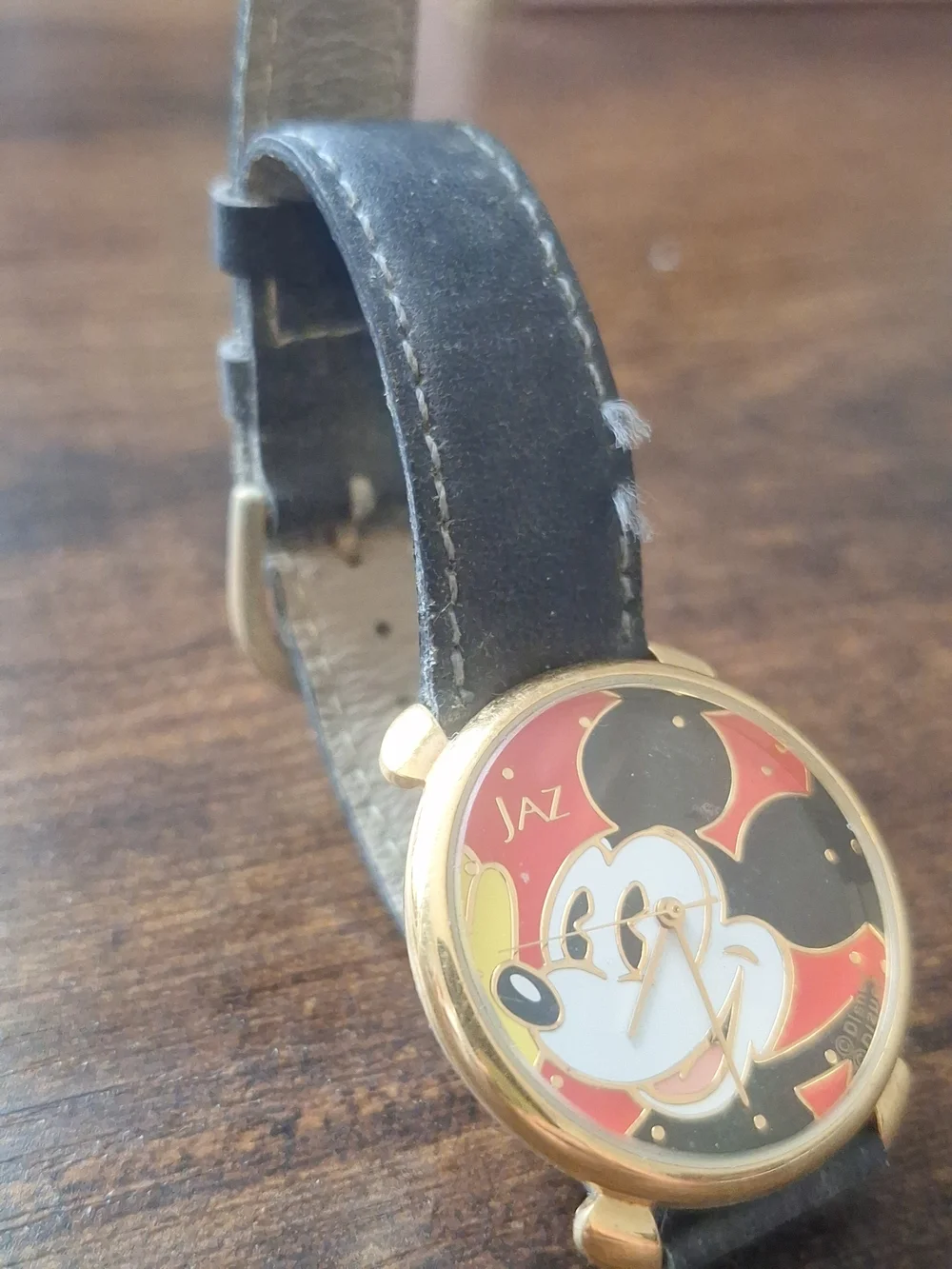 Vintage Jaz Mickey Mouse Gold-Tone Watch with Black Strap