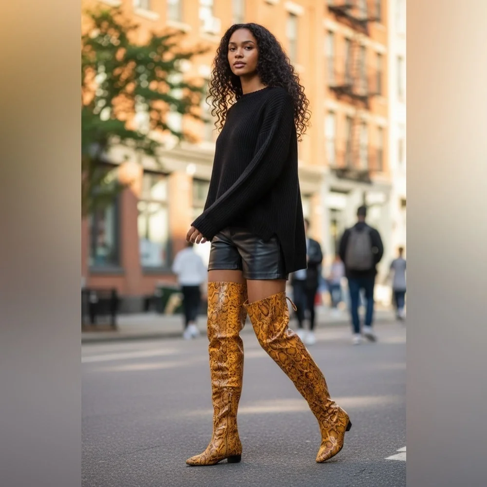 Stylish Yellow Snakeskin Over-the-Knee Boots