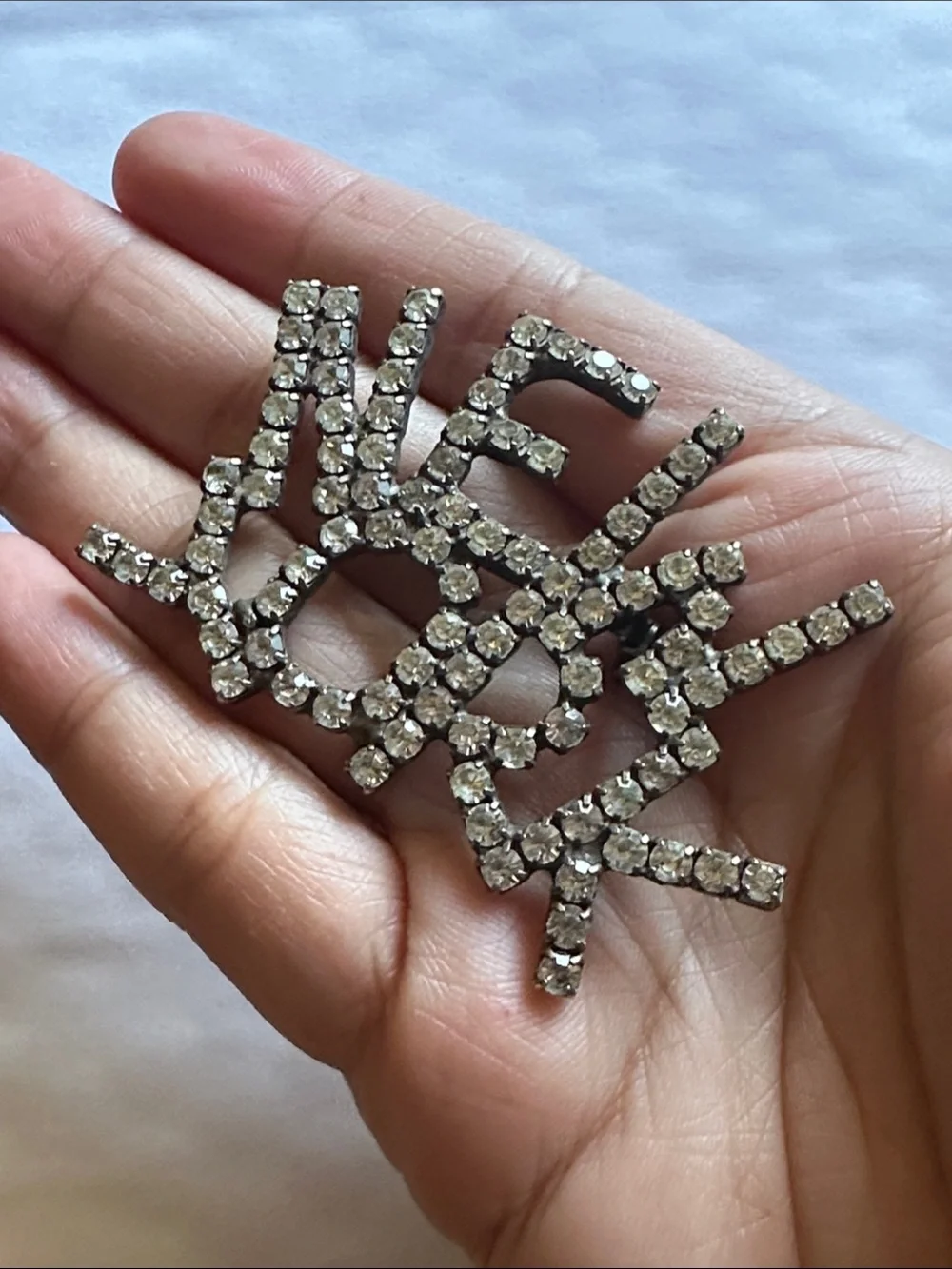 Vintage Rhinestone NEW YORK Spell Out Sparkling Large Brooch 80s