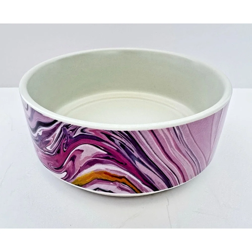 WHISKER CITY Marbled Purple and Yellow Ceramic Cat Dish Bowl 4.5