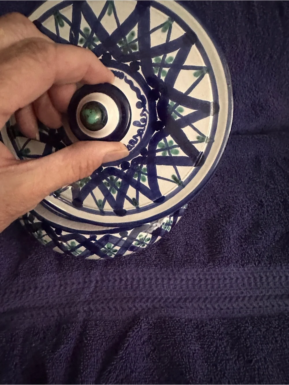Blue & Green Ceramic Lidded Storage Bowl - Decorative Home Organizer