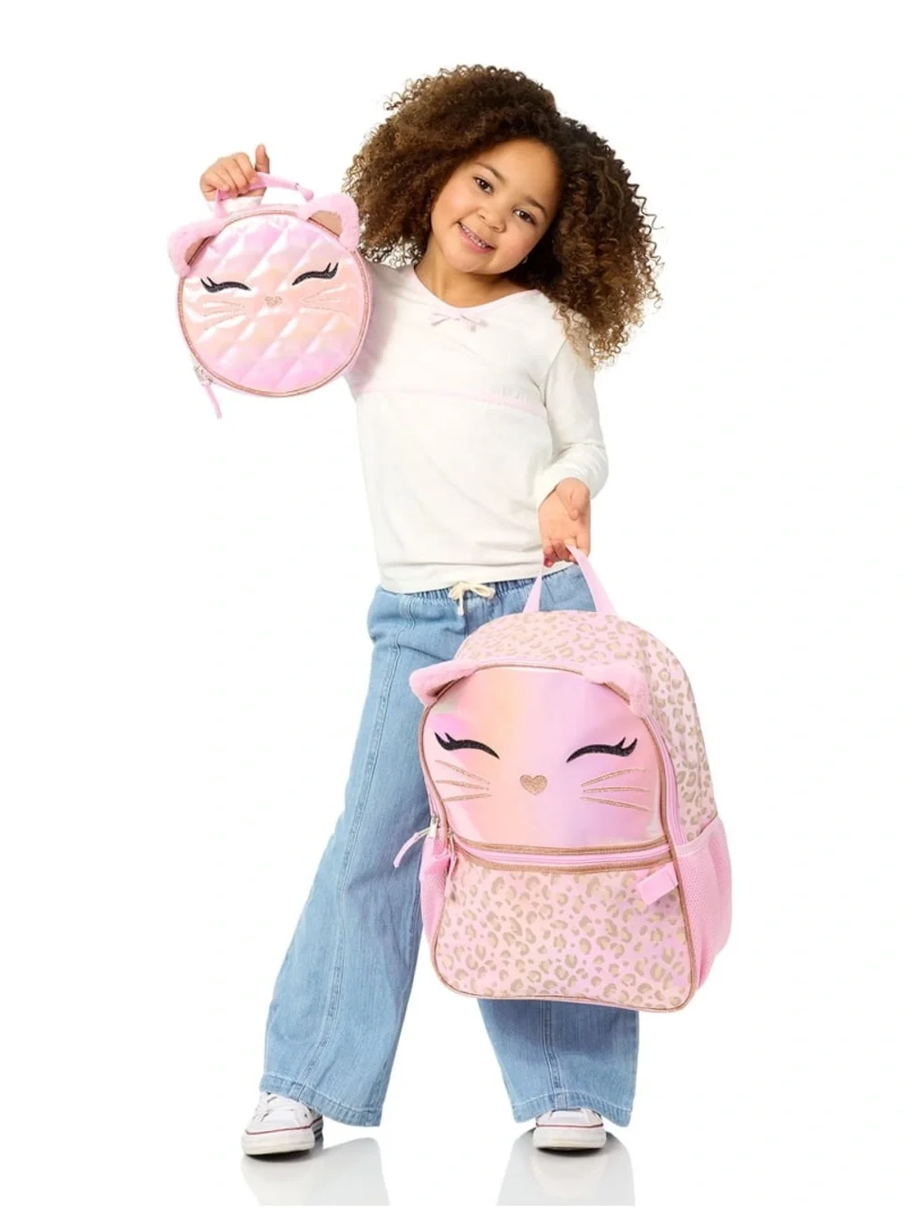 Pink Cat Kids Backpack & Lunch Bag Set - Cute Glitter Ears W