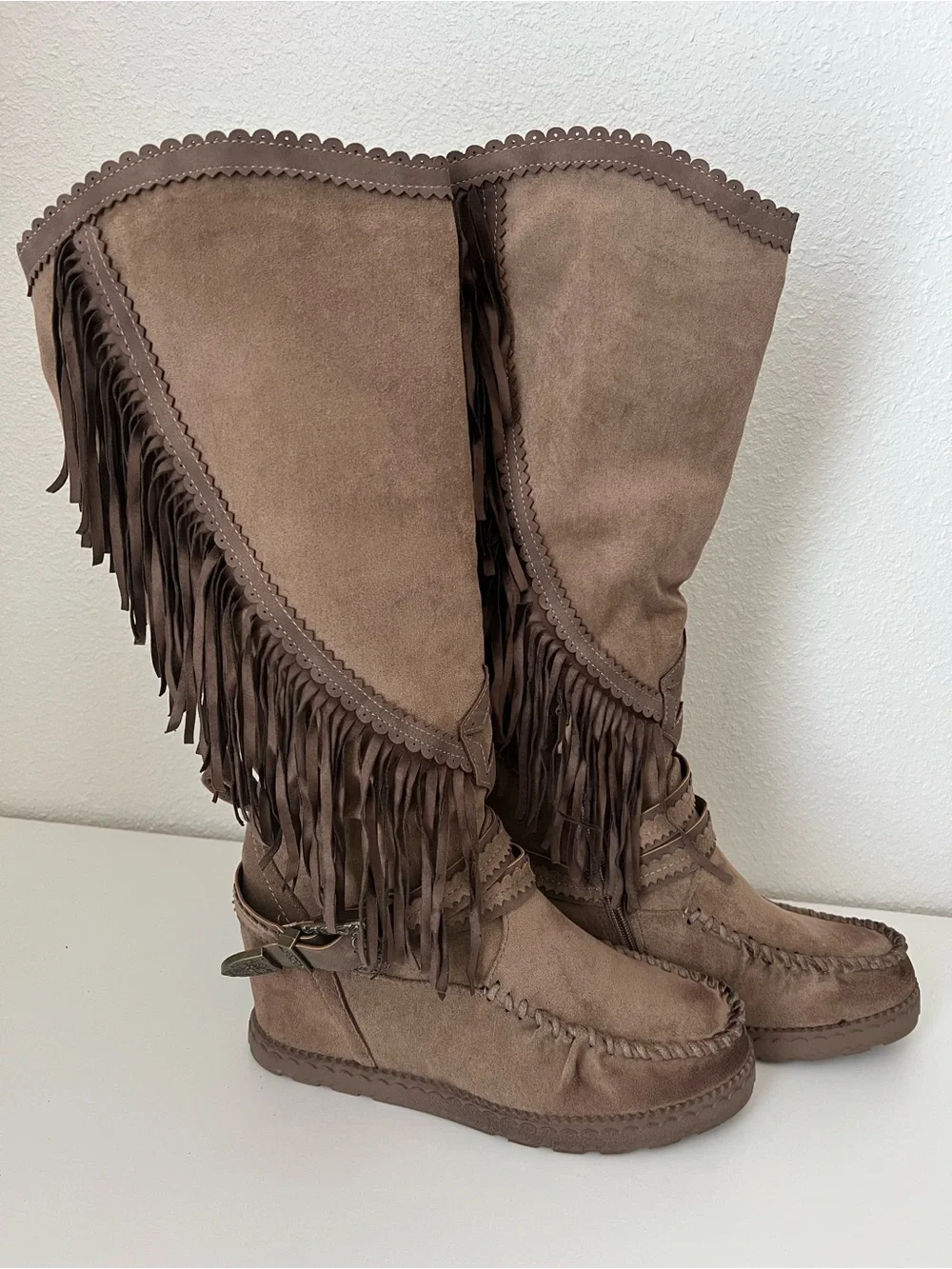 VERY G-Brown Fringe Suede Knee-High Boots - Women's