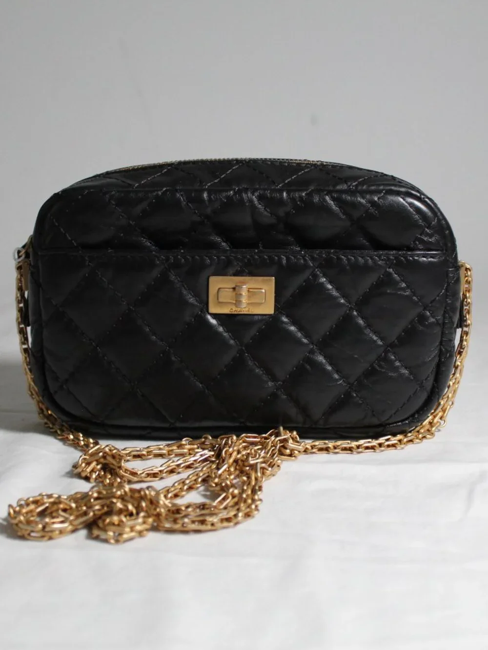 Chanel Black Leather 2.55 Reissue Camera Case Crossbody Zip Top Shoulder Bag