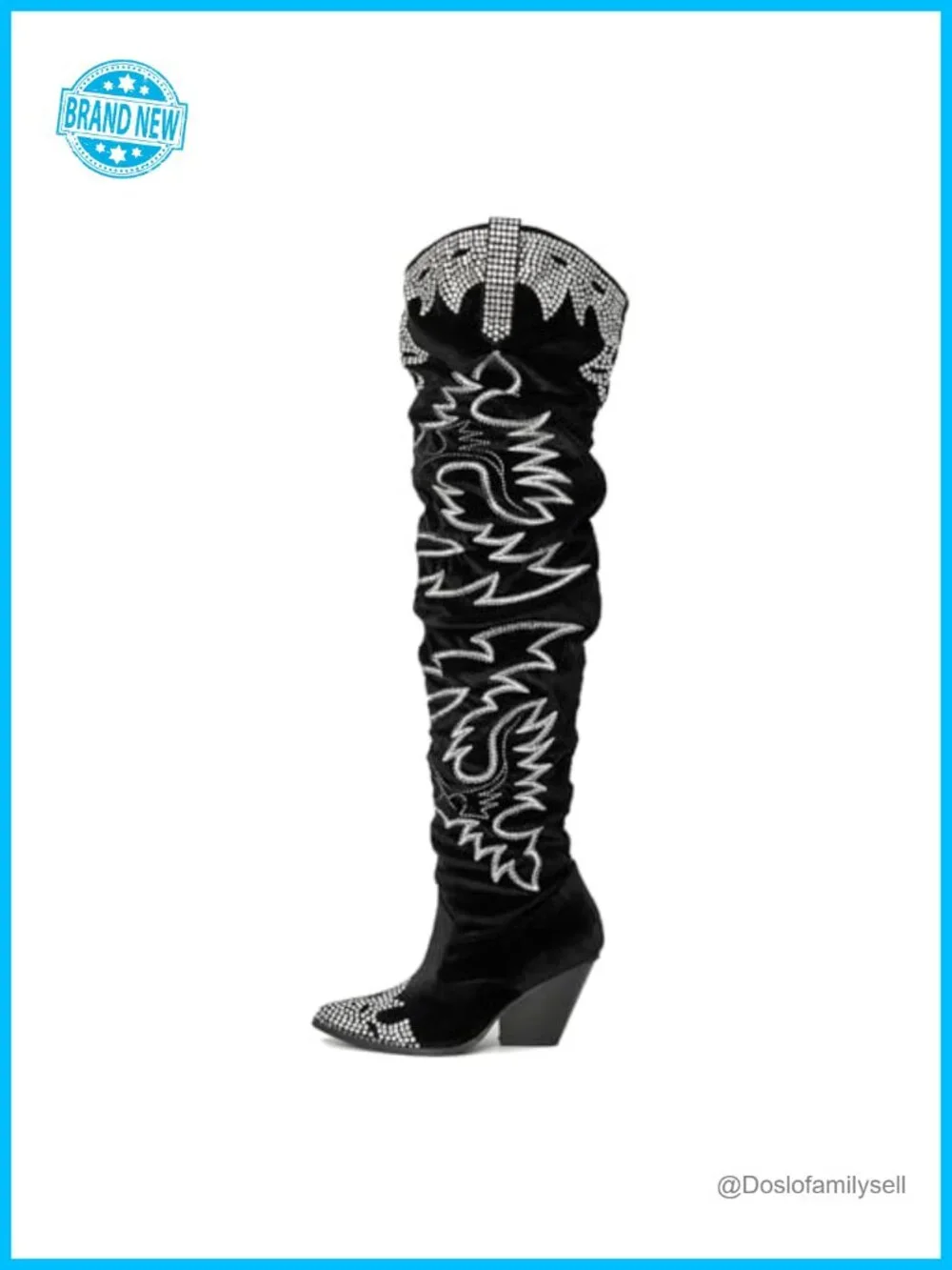 Rhinestone Embroidered Thigh High Slouchy Wide Calf Pull On Boots with Memory