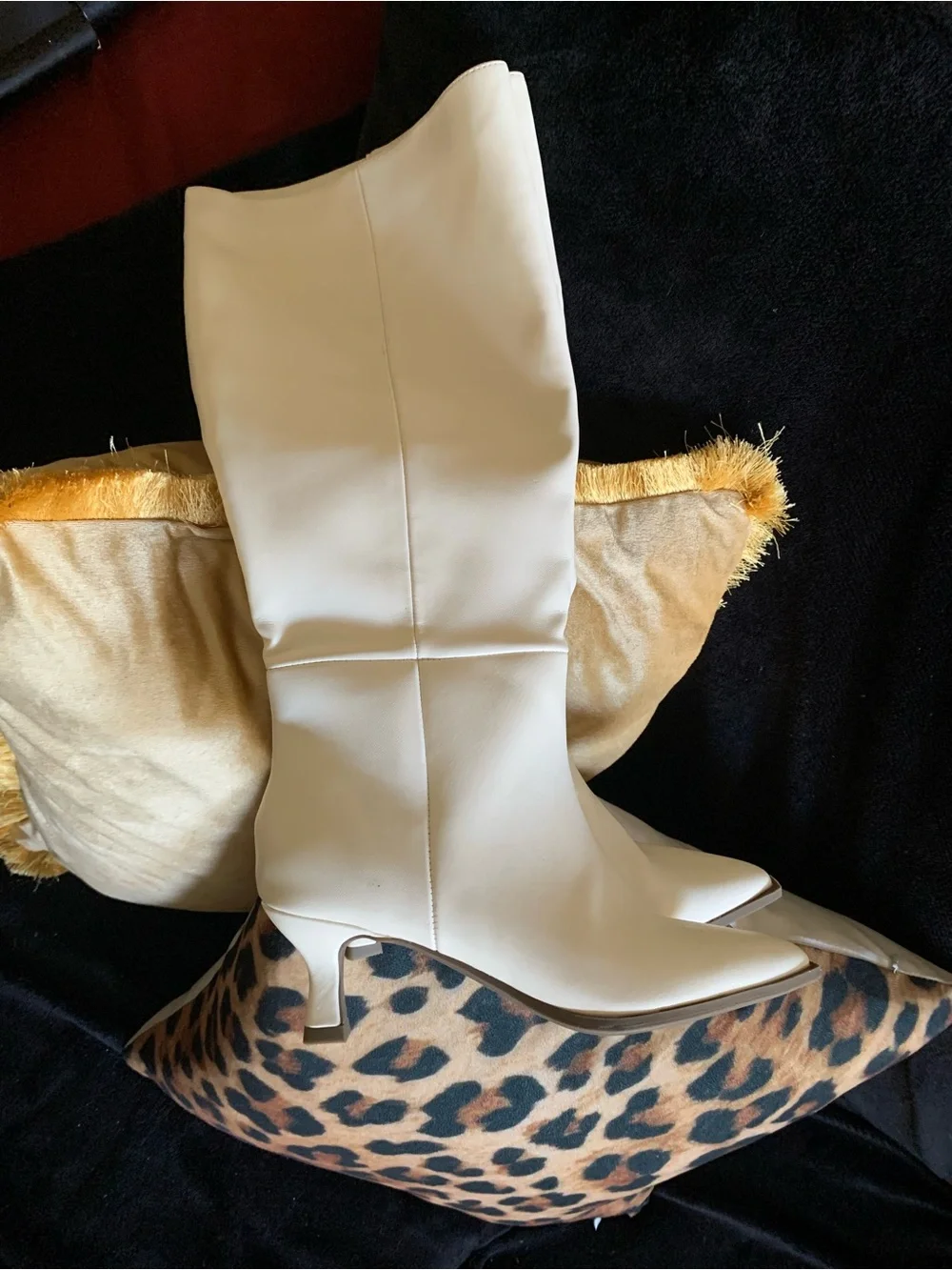 New Classic Cream Knee-High Heeled Boots with Kitten Heels