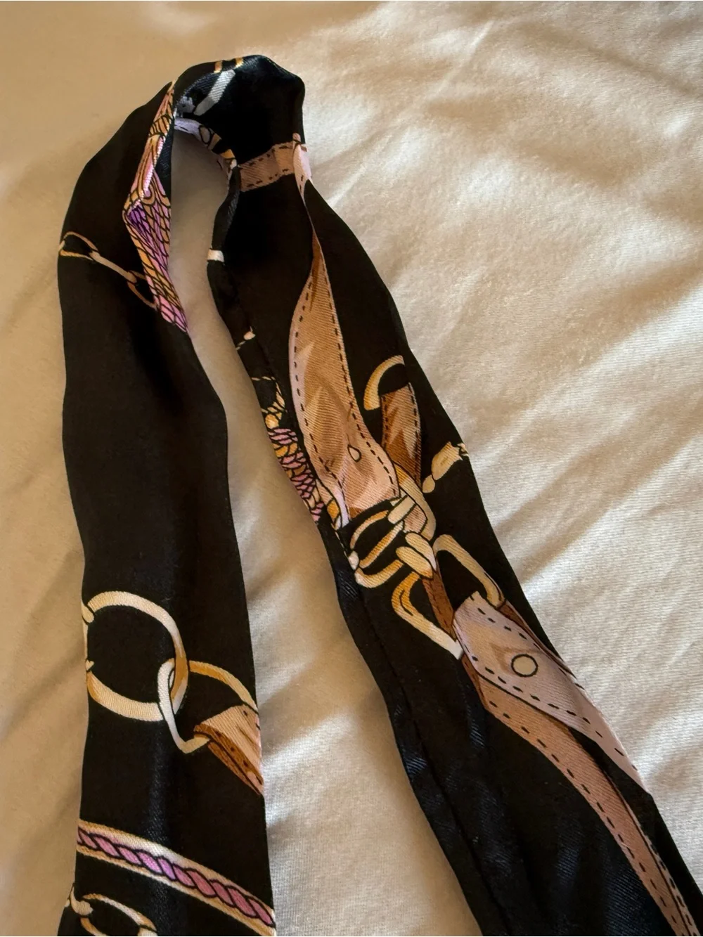 Twill Silk Scarf Ribbon Belt Print Head Bag Neck Tie 34” Black Chain Keychain