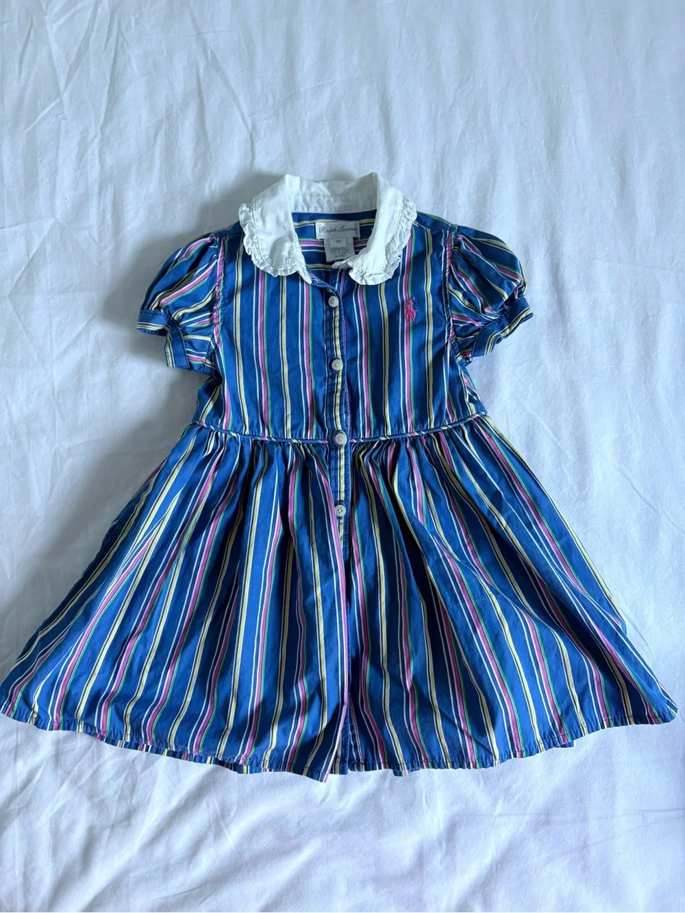 Ralph Lauren Navy Multi-Stripe Button Front Dress with White Collar