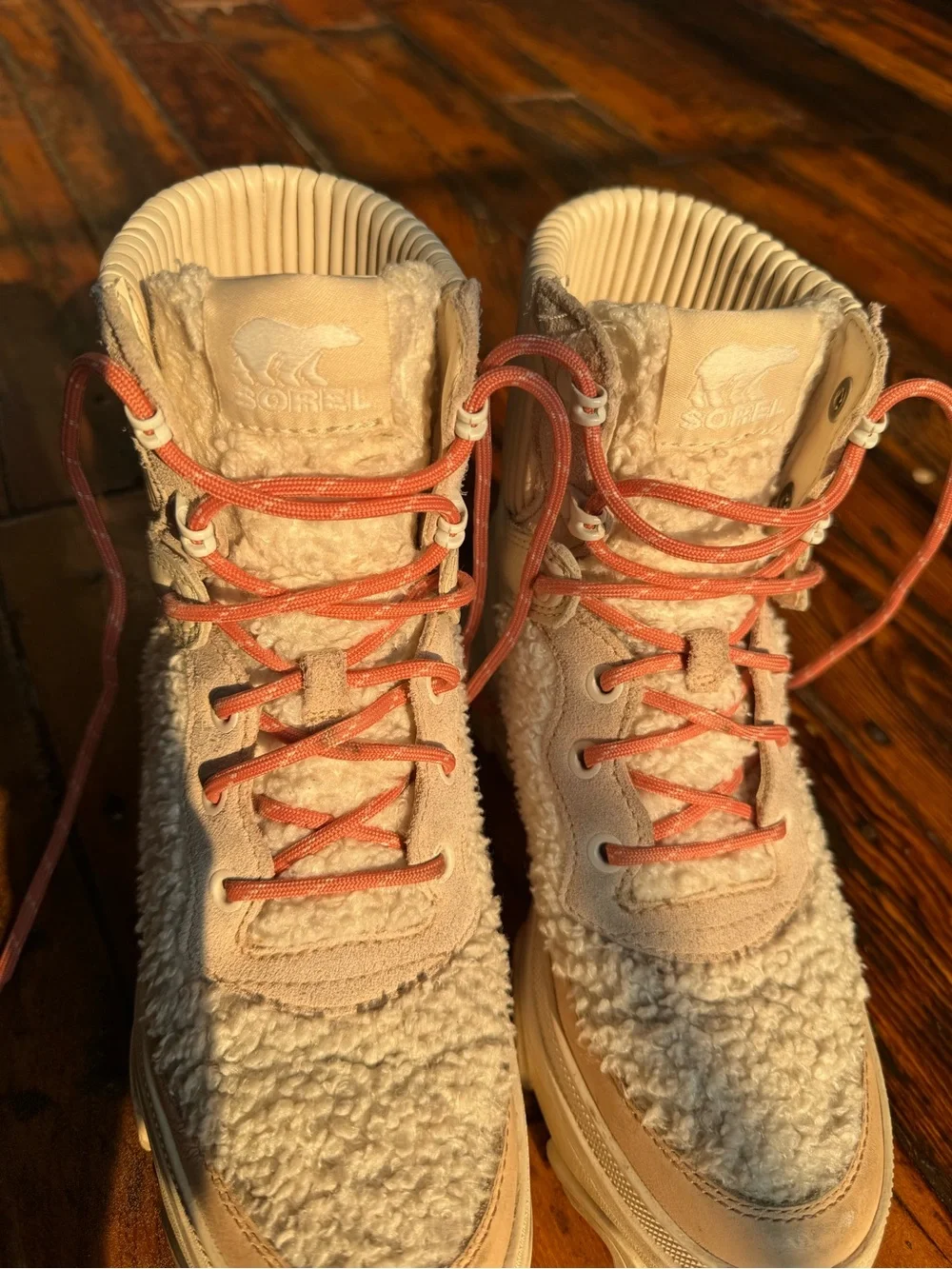 Sorel Shearling-Textured Lace-Up Boots in Cream with Pink Laces