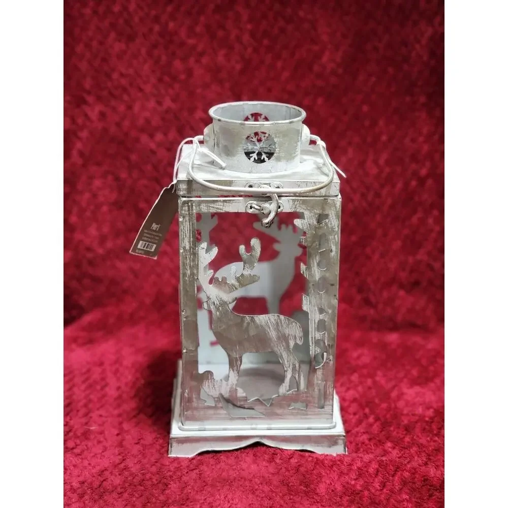 NWT FARMHOUSE REINDEER HOLIDAY LANTERN LAMP Tealight Holder Metal/Glass Pier 1