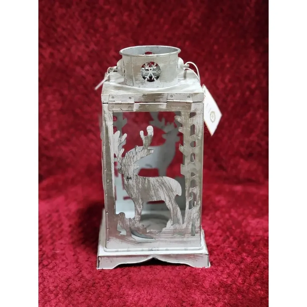 NWT FARMHOUSE REINDEER HOLIDAY LANTERN LAMP Tealight Holder Metal/Glass Pier 1