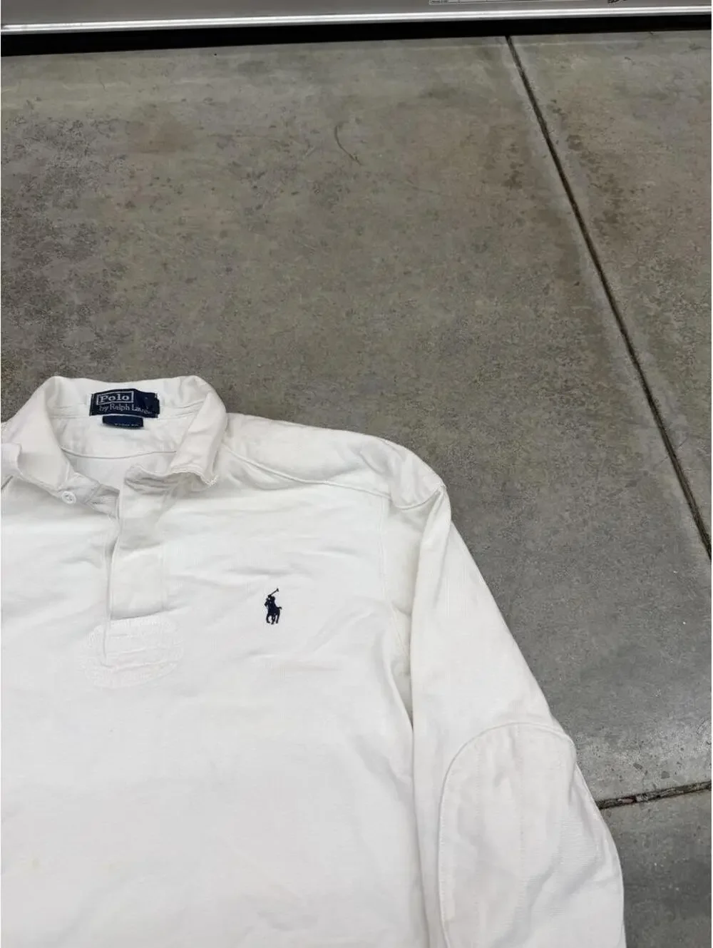 vintage polo ralph lauren white rugby polo shirt size medium HAS STAIN