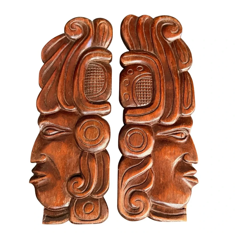 Vintage Honduras Hand Carved Wood Mayan Aztec Face Wall Art Plaques Pair 10.5