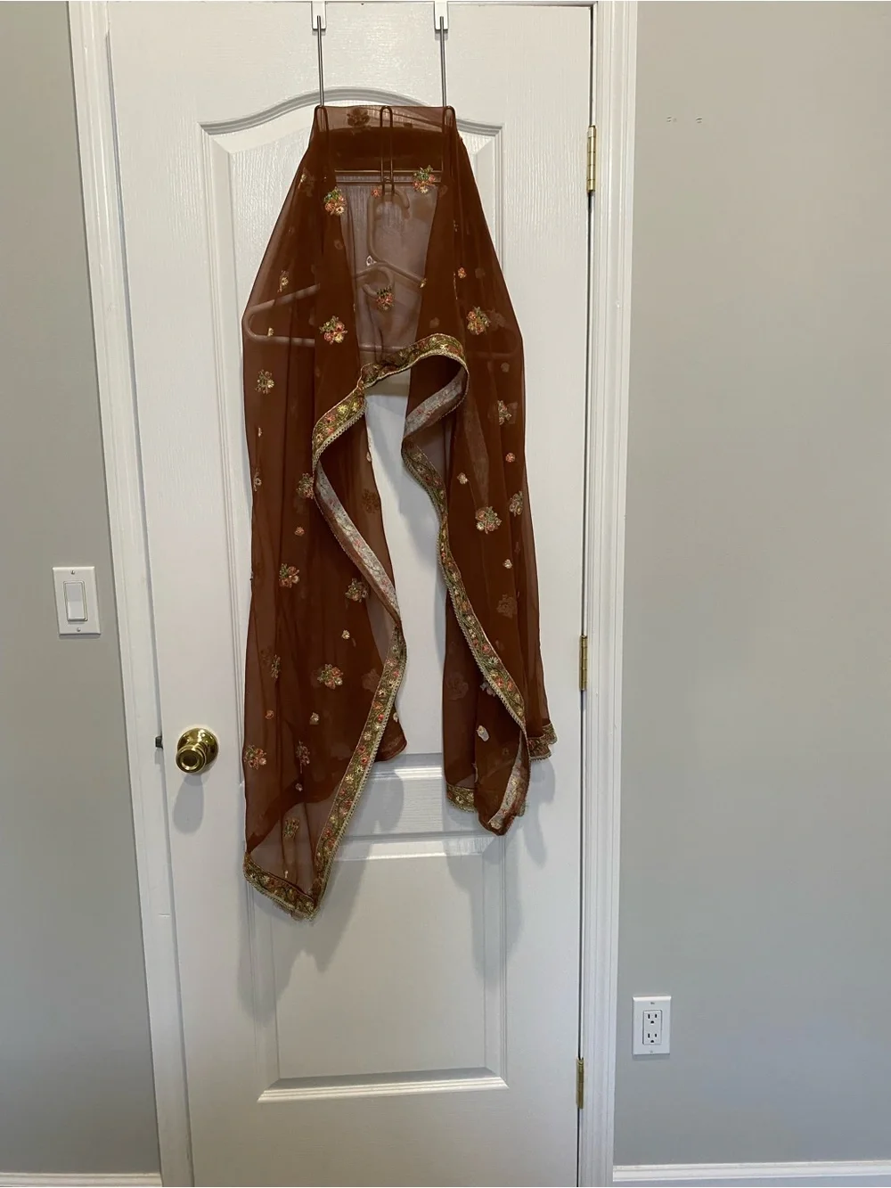 Embroidered Brown Floral Sheer Scarf/Shawl