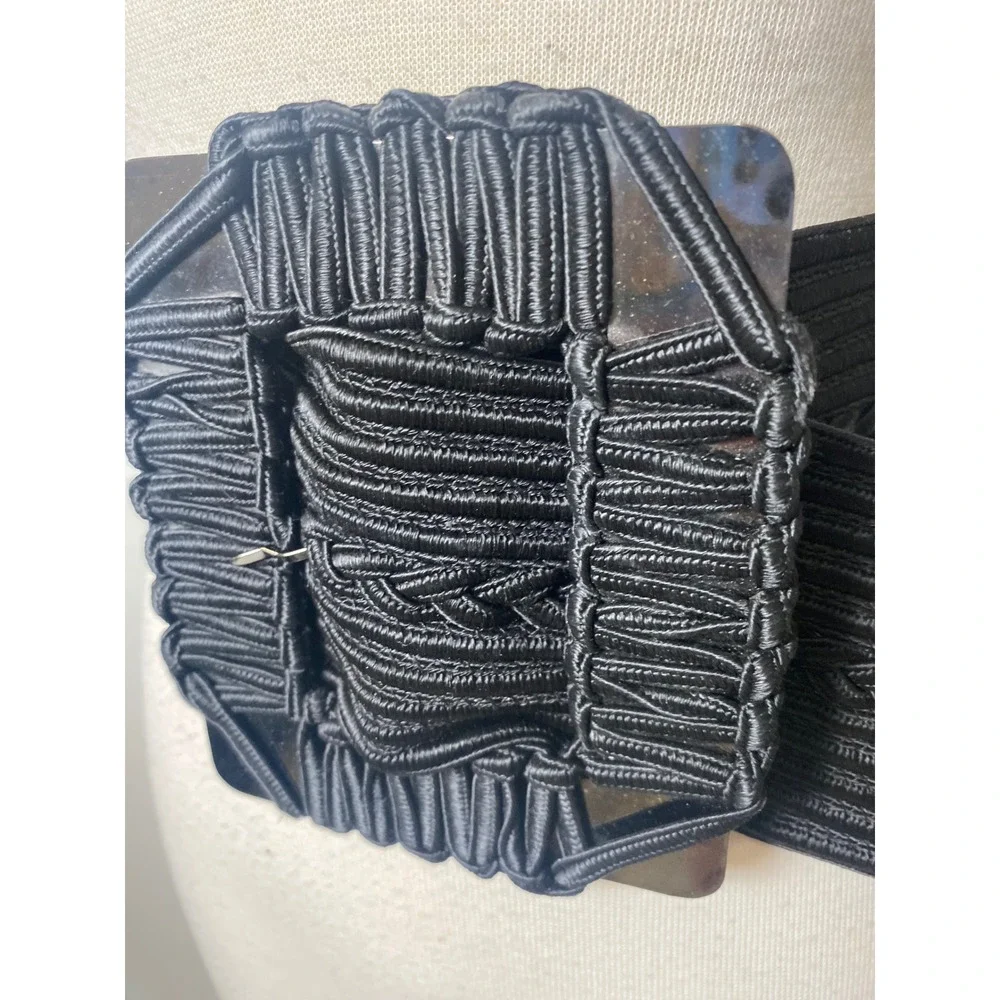 Vintage 80s 90s Black Soutache Cord Wide Cinch Belt Braided Statement Buckle