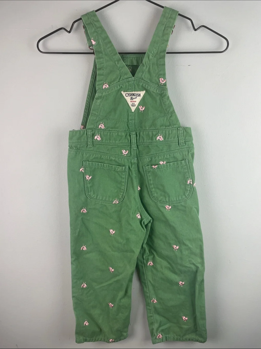 OshKosh B'gosh Green Overalls with Pink Embroidered Birds Size 3 toddler