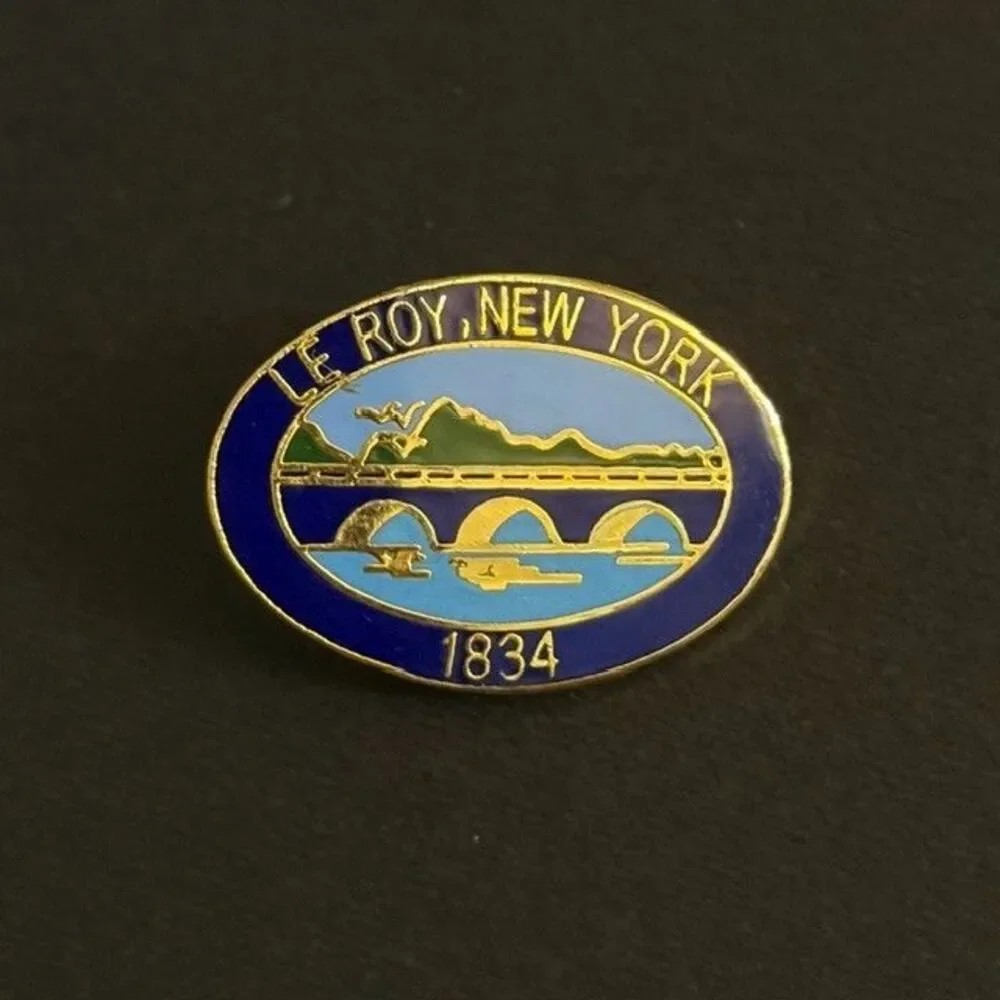 Vintage Le Roy New York NY 1834 Aqueduct Bridge Enamel Lapel Pin Souvenir