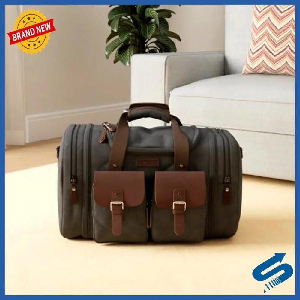 Expandable Canvas Leather Duffle Bag Retro Classic Travel Weekender Carry On