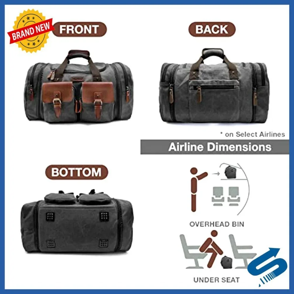 Expandable Canvas Leather Duffle Bag Retro Classic Travel Weekender Carry On