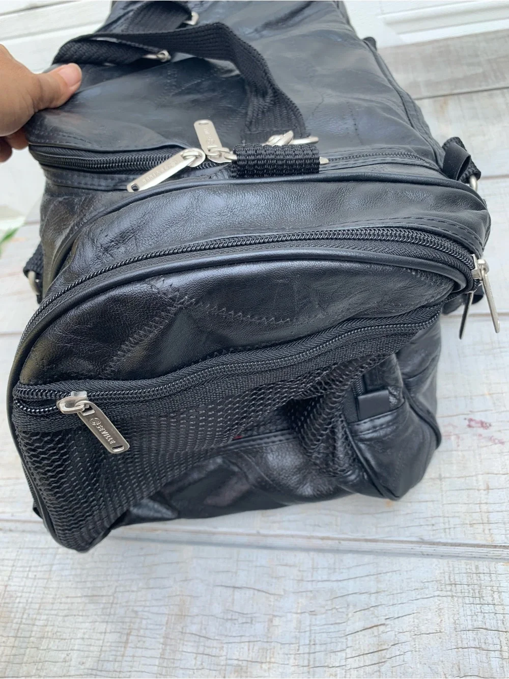 Vintage Seville Black Leather Patchwork Weekender Duffle Travel Bag Gym Pockets