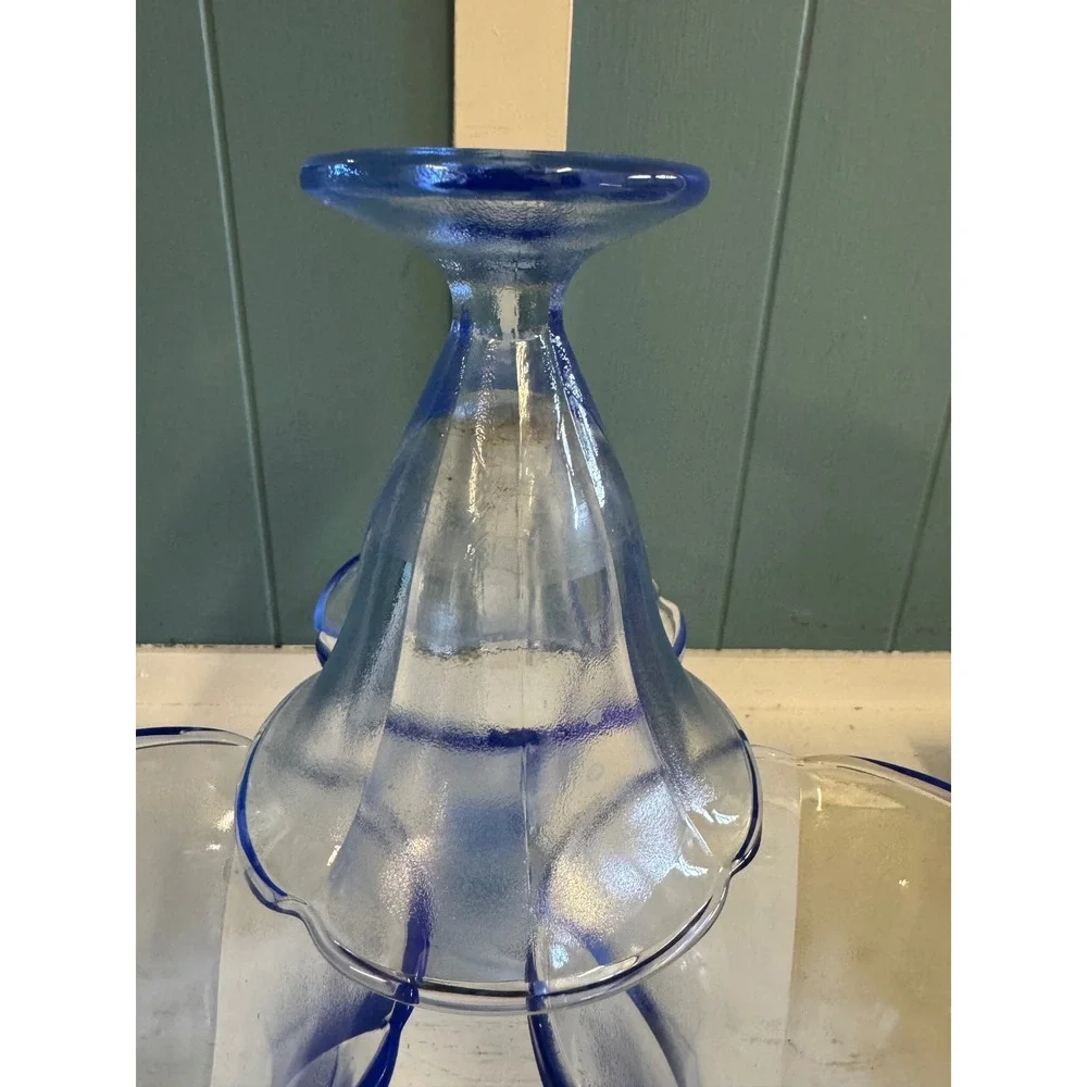 Vintage Frosted Light Blue Glass Sundae Dishes Cobalt Blue Rim Set of 4 Footed