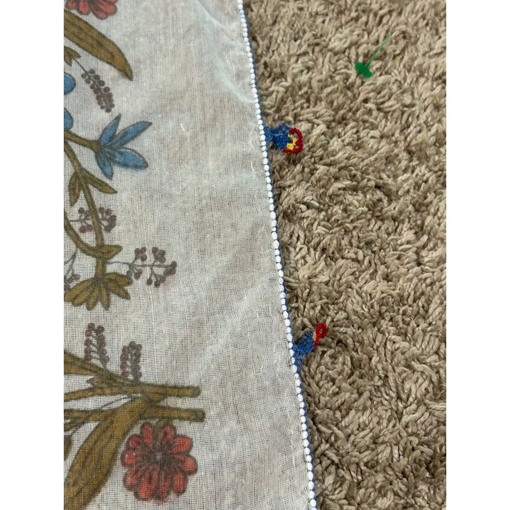 Vintage Floral Square Head Scarf White Sheer Tassel Boho Prarie Cottagecore