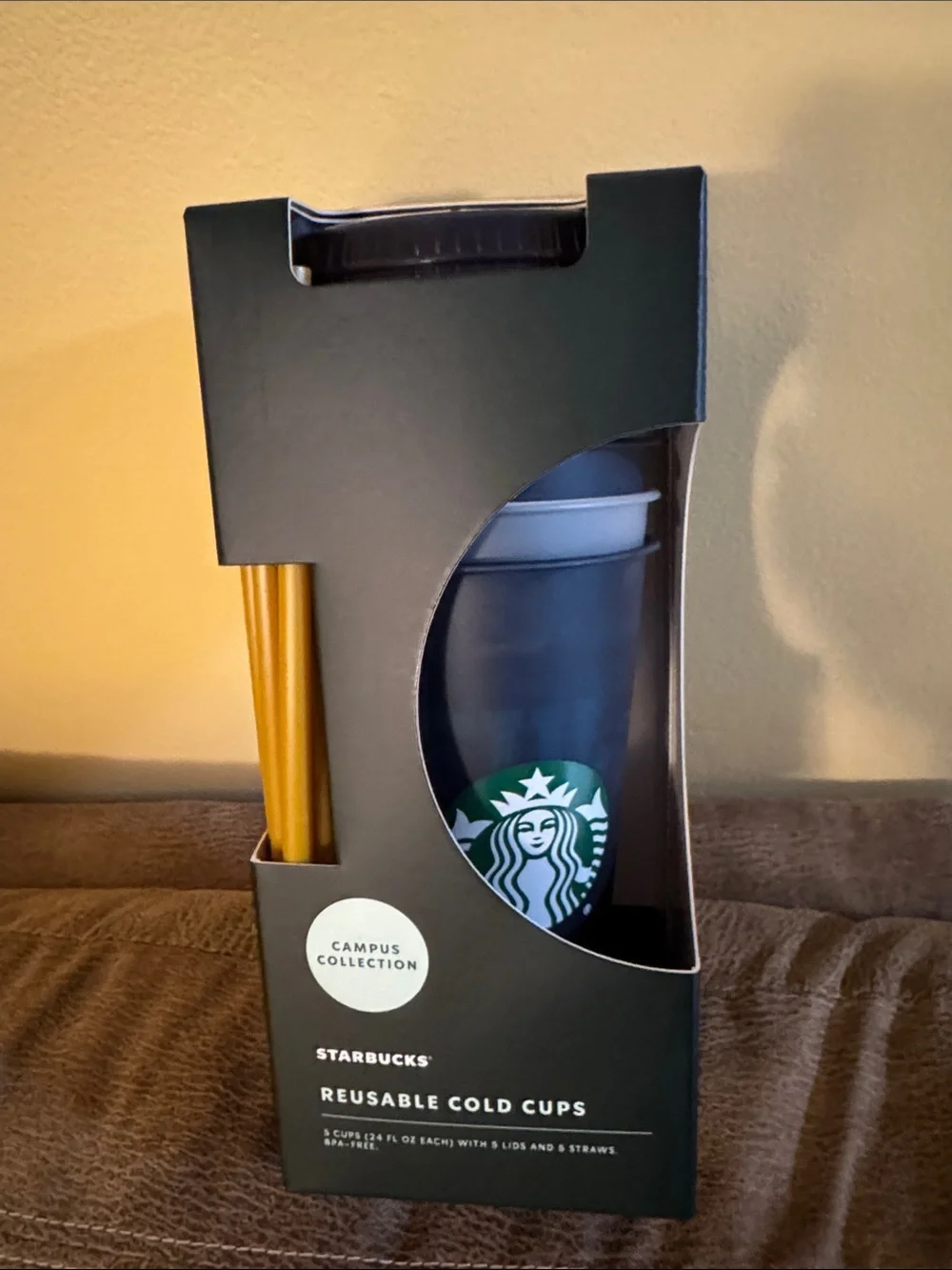 Starbucks Reusable Cold Cup in Dark Blue with Gold Straws 5 Cups Lids Straws